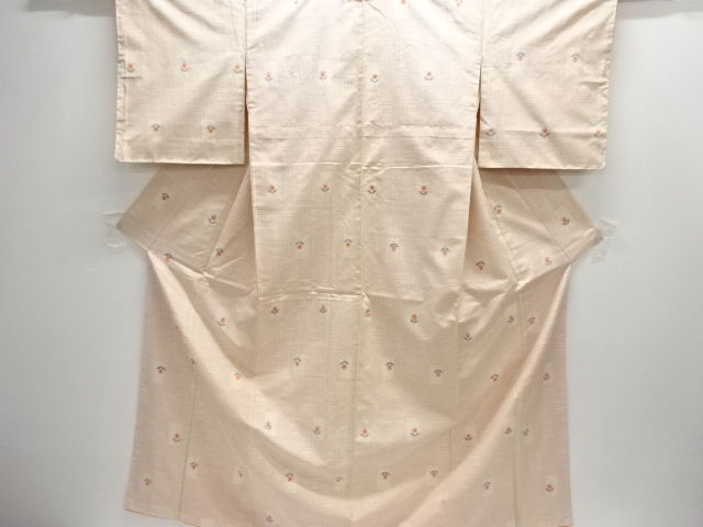 JAPANESE KIMONO / UNUSED / SILK / HAND WOVEN TSUMUGI / GEOMETRIC PATTERN & FLOWERS